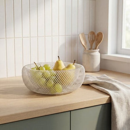 Fruitmand - Metalen Fruitschaal - Decoratieve Fruitmand - Moderne Fruitschaal Keuken - Open Draadmand voor Fruit - Stalen Opbergmand - Ø27.7 x 12.4 cm - Beige