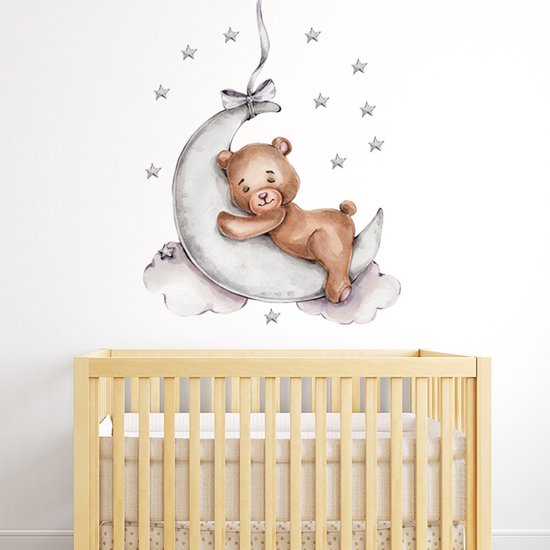 Sipo Bear on the Moon Wall Sticker - Self-Adhesive Space Wall Decor for Nursery - 72 x 57 cm - Space Wall Decal with Stars and Moon