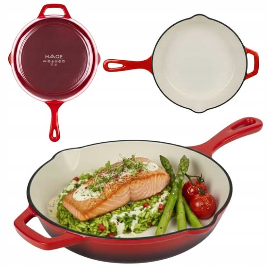 Hage - Bratpfanne - Emaillierte Gusseisen-Bratpfanne - Cast Iron Frying Pan - Geeignet für Induktion, Gas & Backofen - Ø26 cm - Rot