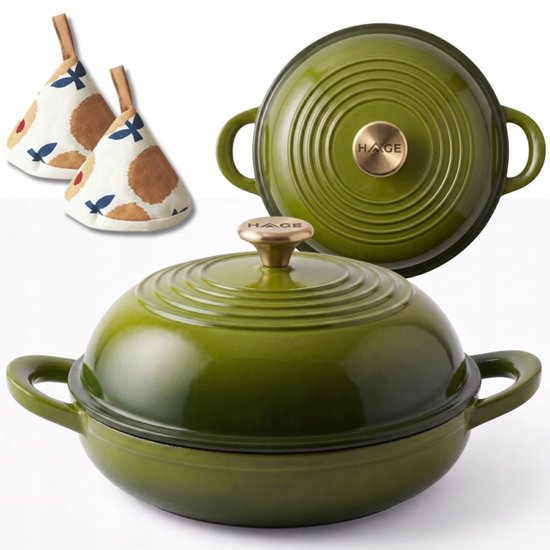 Hage - Cast Iron Bread Pan - Enameled Baking Pan with Lid - For Homemade Bread & Casseroles - Induction, Gas & Oven Safe - Includes Pot Holder & Hand Protectors - 2L - Ø26 x 16.5 cm - Olive Green