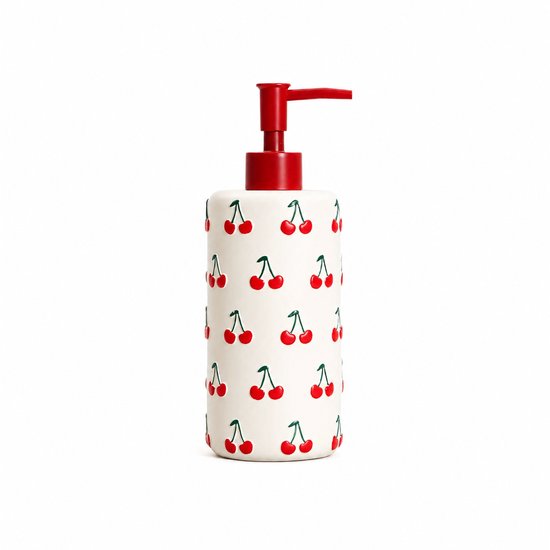 Homla zeepdispenser met kersen – polyresin, 540 ml, wit met rood