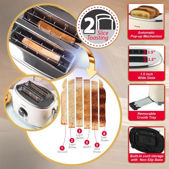 Klausberg - Toaster - Kitchen Toaster - Toaster with LED Display and 6 Settings - Wide Slot Toaster - 2 Slices - Retro Design - Defrost & Reheat Function - 850W - approx. 28.5 x 18.5 x 20 cm - Beige