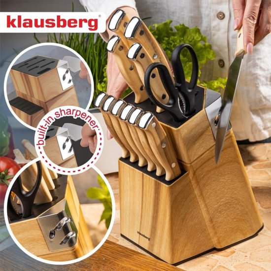 Klausberg - Knife Set - 13-Piece - Kitchen Knife Set - 6 Steak Knives - Stainless Steel Kitchen Knives - Includes Kitchen Scissors - Kitchen Accessories with Knife Block and Sharpener - Wood Look