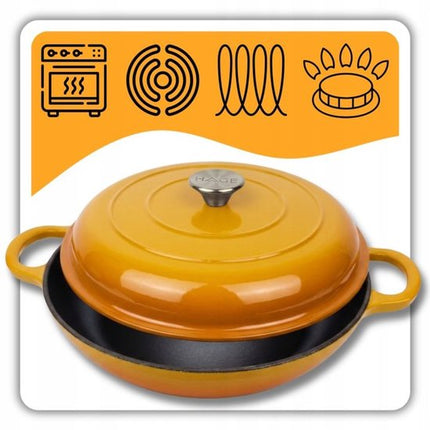 Hage - Braadpan - Lage Gietijzeren Braadpan met Deksel - Geëmailleerd - Oven & Inductie Geschikt - Voor Braden, Stoven en Ovenschotels - 3 Liters - 40.5 x 30 x 10.5 cm - Mosterdgeel