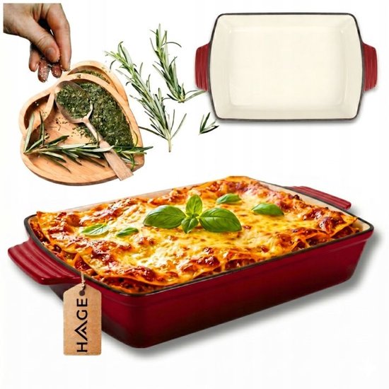 Hage - Gietijzeren Ovenschaal - Ovenschaal - Geëmailleerde Bakvorm - Voor Ovengerechten, Vlees, Taart en Ovenschotels - 3. 5 Liters - 32 x 23,5 x 6 cm - Rood