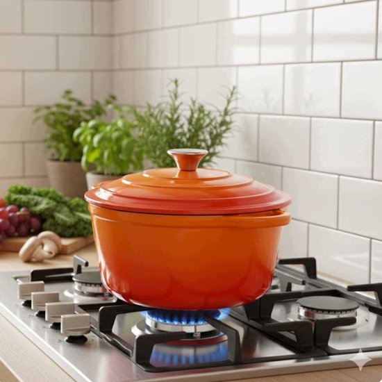 Hage - Cooking Pot - Cast Iron Pot with Lid - Enamelled - Suitable for Induction & Oven - Includes Mini Oven Mitts & Trivet - For Roasting, Stewing, Soup & Bread - 4 Litres - Ø24 cm - Orange