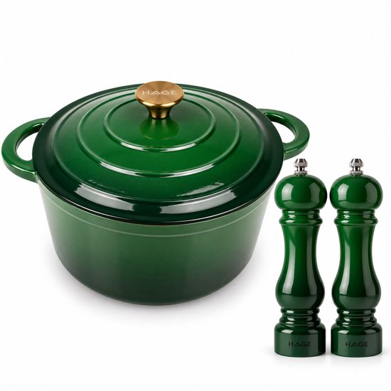 Hage - 2-Piece Kitchen Set - Cast Iron Dutch Oven 3 L with Lid - 22 cm - 2 Manual Salt and Pepper Grinders - Ceramic Grinder - Induction - Dutch Oven - Bottle Green