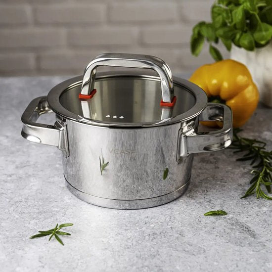 Kookpan 16 cm met glazen afgietdeksel en maatverdeling, 1,6 liter, rvs
