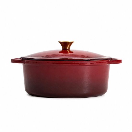 HOMLA - Andreas Cast Iron Roasting Pan - Cast Iron Casserole Dish - Dutch Oven with Lid - for Oven & Induction - Heat-Retaining Roasting Pan - Oval - 4.5 Liters - 34.5 x 22.2 x 11 cm - Ombré Bordeaux