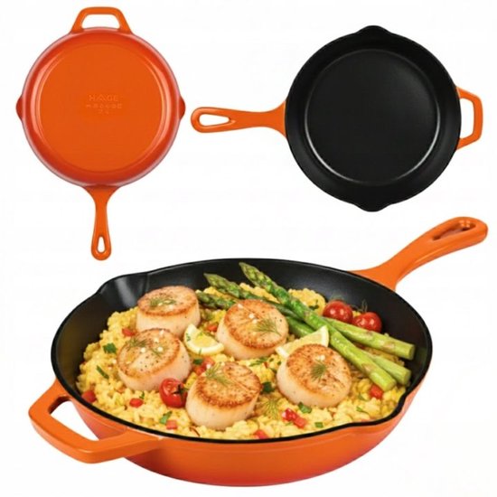 Hage - Cast Iron Frying Pan - Enameled Skillet - Induction, Gas, Electric & Ceramic - Oven Safe - Even Heat Distribution - Durable Frying Pan for 2-4 People - Ø26 cm - Orange