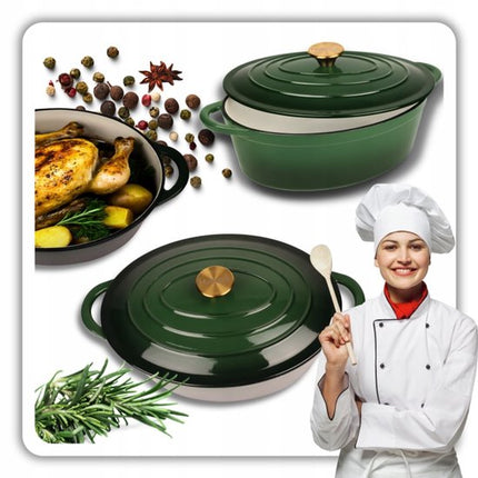 Hage - Gietijzeren Braadslede - Geëmailleerde Ovenbraadpan met Deksel - Voor Braden, Stoven & Ovenschotels - Geschikt voor Inductie, Gas & Oven - Inclusief Pannenhouder & Handbeschermers - 6 Liter - 34 x 26 x 18 cm - Flesgroen