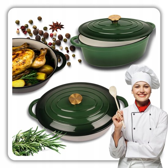 Hage - Cast Iron Roasting Pan - Enameled Dutch Oven with Lid - For Roasting, Stewing & Casseroles - Suitable for Induction, Gas & Oven - Includes Pan Holder & Hand Protectors - 6 Liters - 34 x 26 x 18 cm - Bottle Green