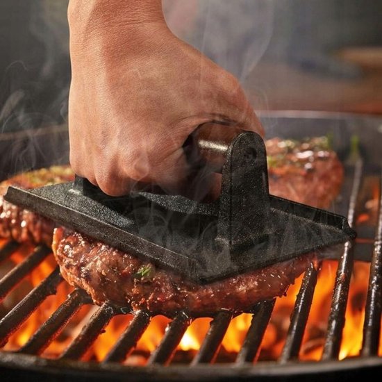 Hage - Hamburger Press - Cast Iron Burger Press - Smash Burger Press - Hamburger Press with Wooden Handle - For BBQ, Grill & Frying Pan - 20 x 10 cm - Black
