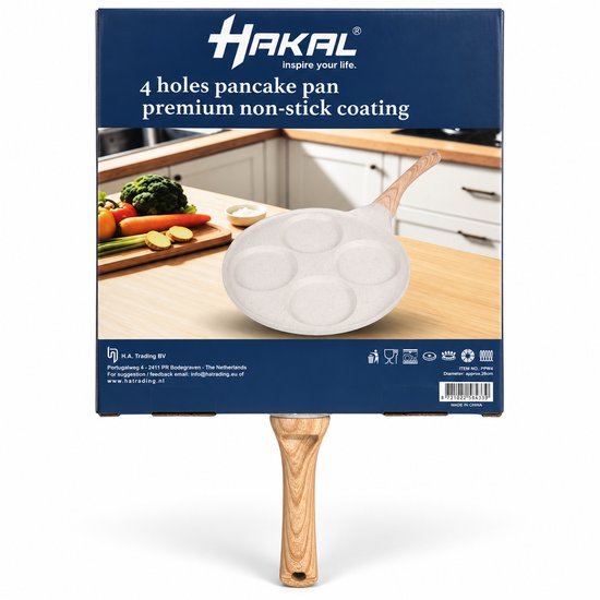 Hakal Pancake Pan with 4 Sections – Ø26 cm – Non-stick Coating – Pancake & Egg Pan – Wood-look Handle – Cream