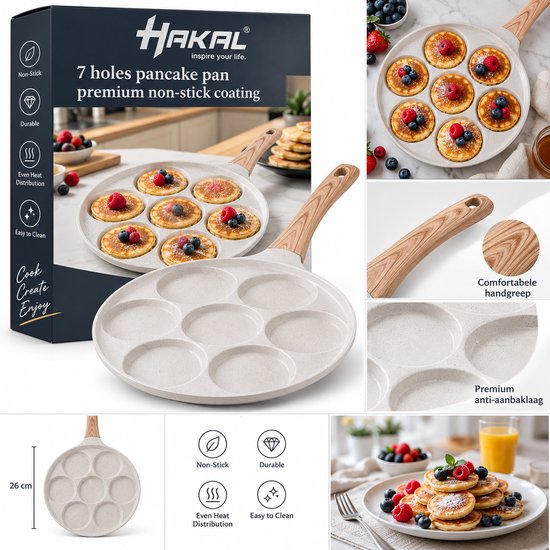 Hakal 7-Cup Pancake Pan – Ø26 cm – Pancake Pan with Non-stick Coating – For Mini Pancakes, Eggs & Snacks – Cream / White