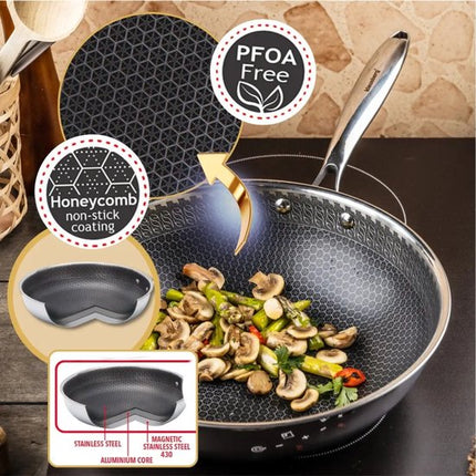 Klausberg 9024 - Wokpan, antiaanbaklaag met honingraatstructuur - 28 cm - 3-laags - 304 roestvrij staal - PFOA-vrij
