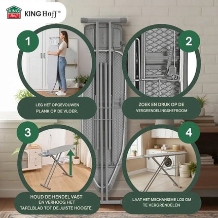 Kinghoff - Strijkplank - Grote Opvouwbare Strijkplank - Heat Reflect Technologie - Verstelbare Hoogte - Strijkplank met Strijkijzerhouder & Wasrek - Antislip Voeten - 122 x 38 cm - Grijs