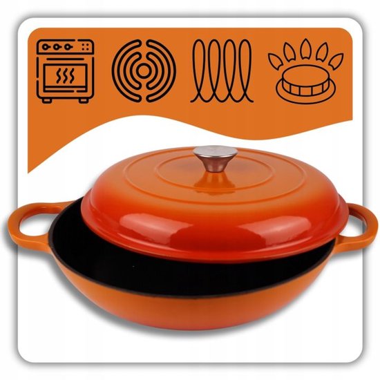 Hage - Roasting Pan - Low Cast Iron Roasting Pan with Lid - Enamelled - Oven & Induction Suitable - For Roasting, Stewing and Casseroles - 3 Litres - 40.5 x 30 x 10.5 cm - Orange