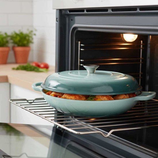 Hage - Casserole Dish - Low Cast Iron Casserole Dish with Lid - Enamelled - Oven & Induction Suitable - For Roasting, Stewing and Casseroles - 3 Litres - 40.5 x 30 x 10.5 cm - Mint Green