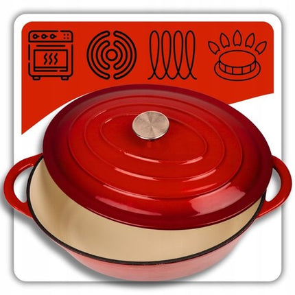 Hage - Braadpan - Geëmailleerde Gietijzeren Braadpan met Deksel - Oven & Inductie Geschikt - Voor Braden, Stoven en Ovenschotels - 6 Liters - 34 x 26 x 18 cm - Rood