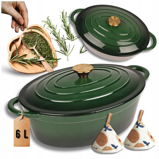 Hage - Cast Iron Roasting Pan - Enameled Dutch Oven with Lid - For Roasting, Stewing & Casseroles - Suitable for Induction, Gas & Oven - Includes Pan Holder & Hand Protectors - 6 Liters - 34 x 26 x 18 cm - Bottle Green