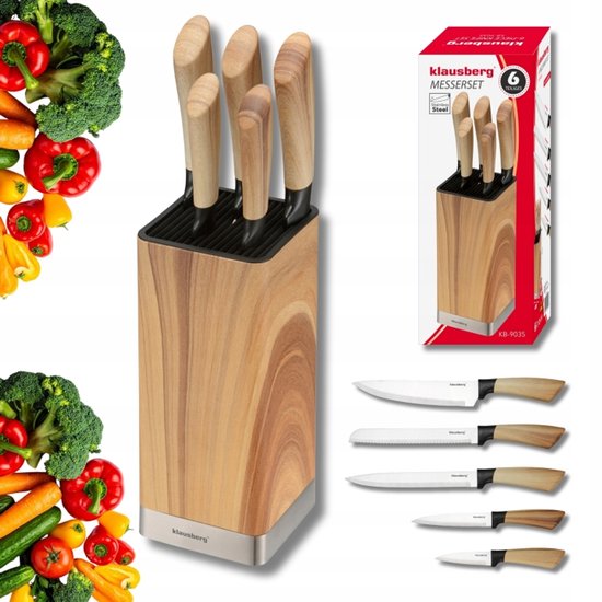 Klausberg - Knife Set - 6-Piece - Kitchen Knife Set - 5 Stainless Steel Kitchen Knives - Knife Holder - Professional Chef's Knives - Kitchen Accessories with Knife Block - Wood Look