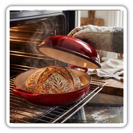 Hage - Bread Baking Pan - Cast Iron Bread Pan with Lid - Enamelled & Oven Safe - For Crusty Bread, Roasting & Baking - Suitable for Induction & Gas - Includes Pot Holder and Hand Protectors - 2 Litres - Ø26 x 16.5 cm - Red