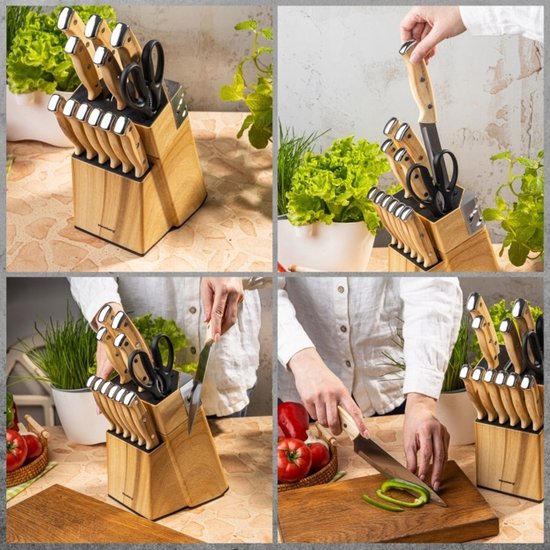 Klausberg - Knife Set - 13-Piece - Kitchen Knife Set - 6 Steak Knives - Stainless Steel Kitchen Knives - Includes Kitchen Scissors - Kitchen Accessories with Knife Block and Sharpener - Wood Look