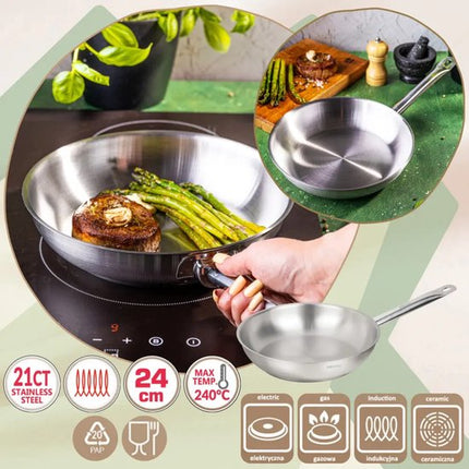 Kinghoff - KH-2019 - Pan - Koekenpan met Stalen Handvat - Zonder Antiaanbaklaag - Inductie Geschikt - Hoge Temperatuur tot 240°C - Voor Vlees, Vis & Groenten - 21CT, RVS - Ø24 cm - Zilver