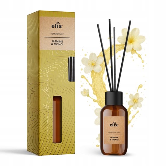 Elix - Reed Diffuser - Air Freshener - Interior Fragrance - Reed Diffuser - Luxury Home Scent 45 Days - Elegant Living Room, Bedroom & Office Fragrance - 125 ml - Jasmine & Monoi