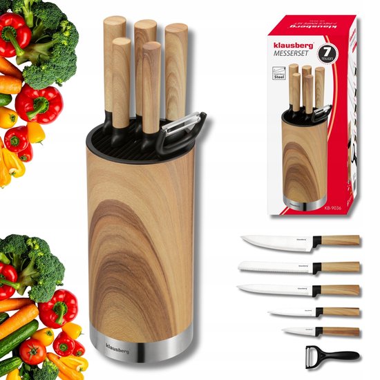 Klausberg - Messenset - 7-Delige - Keukenmessenset - 5 RVS Keukenmessen - Groenteschiller - Messenhouder - Keukenaccessoires met Dunschiller en Messenblok - Natuurlijk Houtlook