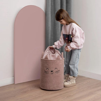 SIPO Grote Opbergmand voor Speelgoed - XL Formaat 43 Liter - Roze Boucle Stoffen Kitten Print - met Trekkoord - 45x43x5cm