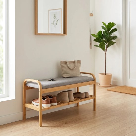 5Five Shoe Rack Bench - 2-tier - bamboo / plastic - 90 x 34 x 45 cm - for 4 pairs of shoes