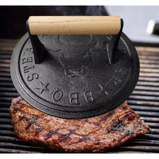 Kinghoff gietijzeren vleespers Ø 22 cm – burger- en steakpers met houten handvat – foto 5