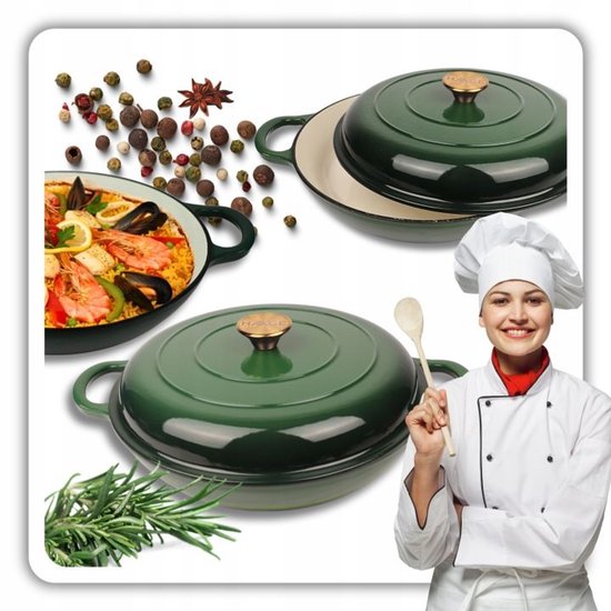 Hage - Schmortopf - Emaillierter Gusseisen-Schmortopf - Gusseisen-Kasserolle - Geeignet für Induktion, Gas & Backofen - Inklusive Topfuntersetzer & Griffschonern - 3 Liter - Ø30 x 10,5 cm - Dunkelgrün