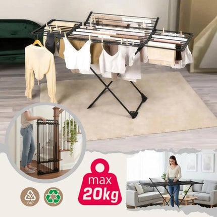 KINGHoff - Droogrek - Opvouwbaar Wasrek Verstelbaar - Staand Wasdroogrek - Inklapbaar Kledingrek - Wasrek voor Binnen en Balkon - Max. 20 kg - 108–180 x 96 x 101 cm - Zwart