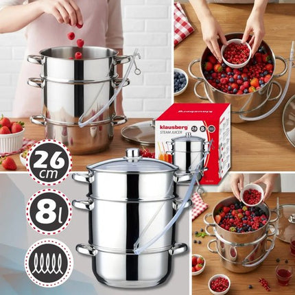 Klausberg Stoomsapcentrifuge - Steam Juicer voor Fruit & Groenten - Inductie Geschikt - Sapmaker met Slang - 8L - RVS - Ø26cm - Zilver
