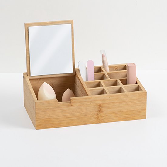 Makeup organizer 11 compartments with mirror 24.5 x 8 cm made of bamboo - Nail polish holder - Makeup holder - Organizers