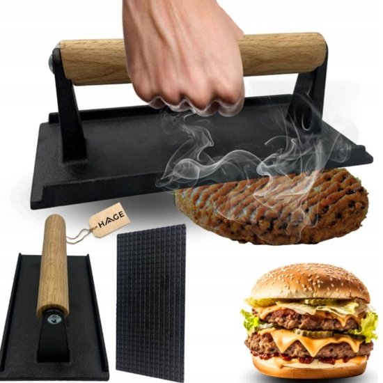 Hage - Hamburger Press - Cast Iron Burger Press - Smash Burger Press - Hamburger Press with Wooden Handle - For BBQ, Grill & Frying Pan - 20 x 10 cm - Black