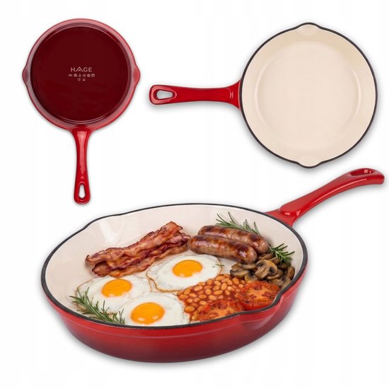 Hage - Frying Pan - Enameled Cast Iron Frying Pan - Cast Iron Frying Pan - Suitable for Induction, Gas & Oven - Ø20 x 4.5 cm - Red