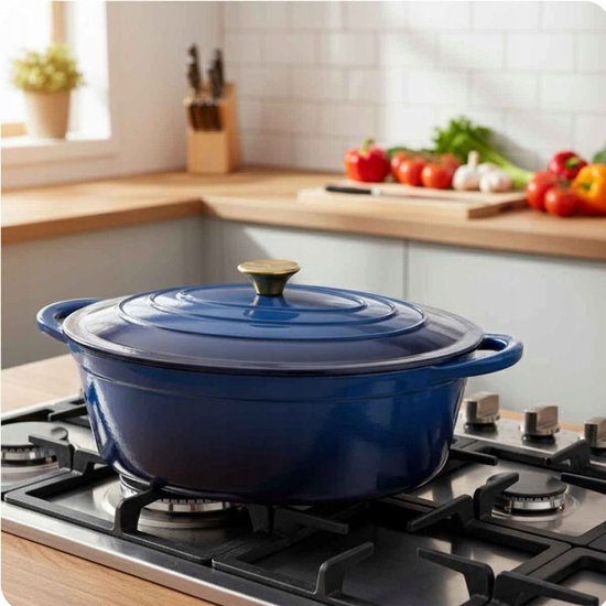 Hage - Roasting Pan - Enameled Cast Iron Roasting Pan with Lid - Suitable for Oven & Induction - For Roasting, Stewing and Casseroles - 6 Liters - 34 x 26 x 18 cm - Blue