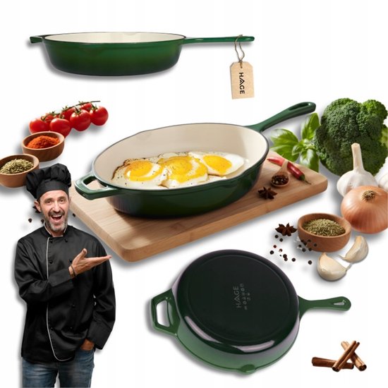 Hage - Gietijzeren Koekenpan - Geëmailleerde Bakpan met Hoge Rand - Inductie, Gas, Elektrisch & Ovenbestendig - Voor Bakken en Braden - Gelijkmatige Warmteverdeling - Ergonomisch Handvat - Ø26 cm - Flesgroen