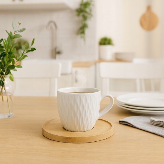 Koffieservies set voor 6 personen – crème porselein met bamboe schotels, 90 ml – foto 4