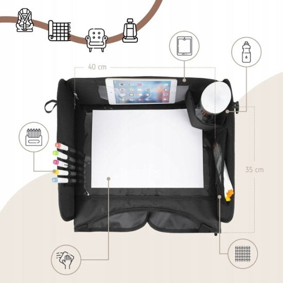 Sipo - Kinder-Autositz-Reisetisch faltbar - Auto-Organizer für Kinder mit 11-Zoll-Tablethalterung - Reise-Tisch für Autositz mit Aufbewahrungsfächern - Universelles Car Travel Tray - ca. 40 x 35 x 13 cm - Schwarz