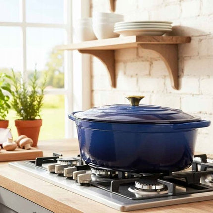 Hage - Braadpan - Geëmailleerde Gietijzeren Braadpan met Deksel - Oven & Inductie Geschikt - Voor Braden, Stoven en Ovenschotels - 6 Liters - 34 x 26 x 18 cm - Blauw