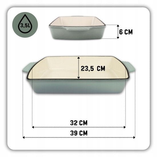 Hage - Baking Dish - Casserole Dish - Cast Iron Casserole Dish - Enamelled Roasting Pan with Handles - Suitable for Induction, Oven & All Heat Sources - 3.5 Litres - 32 x 23.5 cm - Pastel Teal