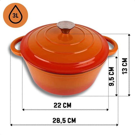 Hage - Gietijzeren Kookpot - Kookpan met Deksel - Geëmailleerde Braad- en Stoofpan - Ovenvast & Geschikt voor Inductie - Gelijkmatige Warmteverdeling - 3 Liters - Ø22 x 13 cm - Oranje