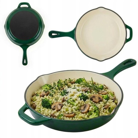 Hage - Gietijzeren Koekenpan - Geëmailleerde Bakpan met Hoge Rand - Inductie, Gas, Elektrisch & Ovenbestendig - Voor Bakken en Braden - Gelijkmatige Warmteverdeling - Ergonomisch Handvat - Ø26 cm - Flesgroen