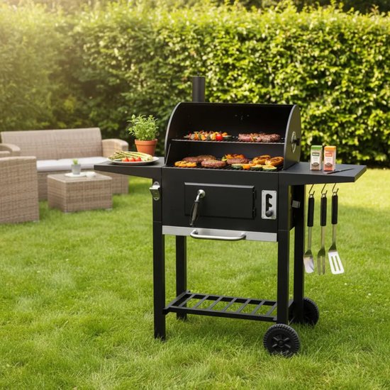 Kinghoff houtskoolbarbecue KH-2034 – BBQ met deksel, zijtafels en wielen – foto 10