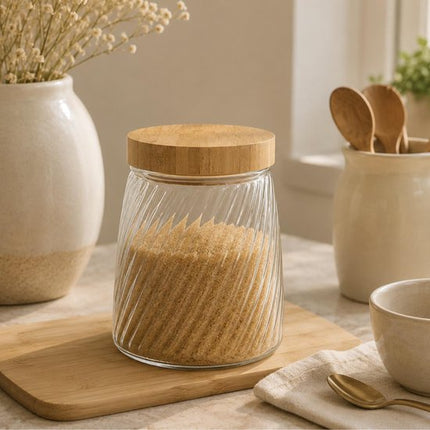 Voorraadpot Food Essentials Ventura - keuken - ribbel glas / bamboe - 1.3 liter - luchtdichte draaideksel - bewaarpotten - opslagpotten